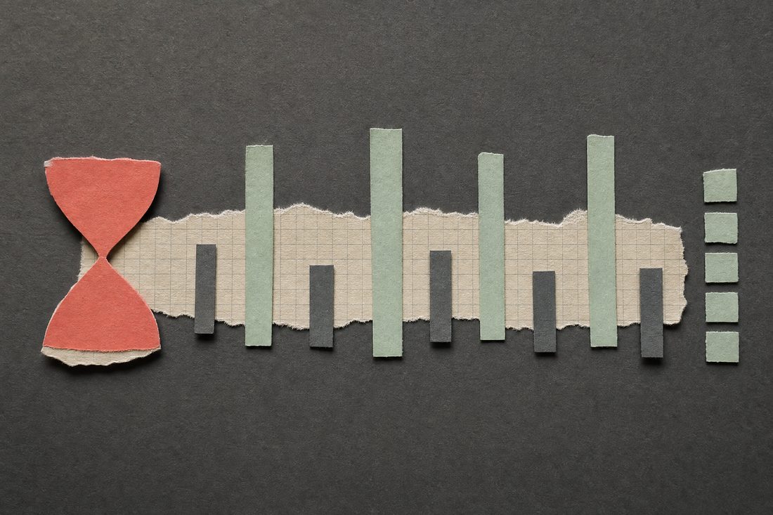 Paper collage of a coral hourglass beside a torn graph-paper strip with tally marks
