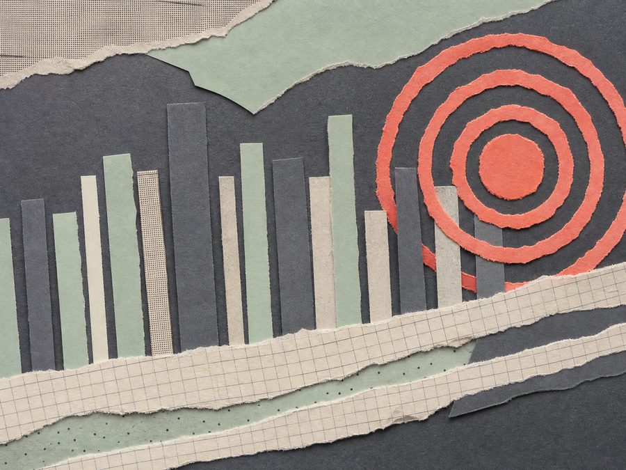 Paper collage of cut-paper bars of different heights beside concentric coral circles
