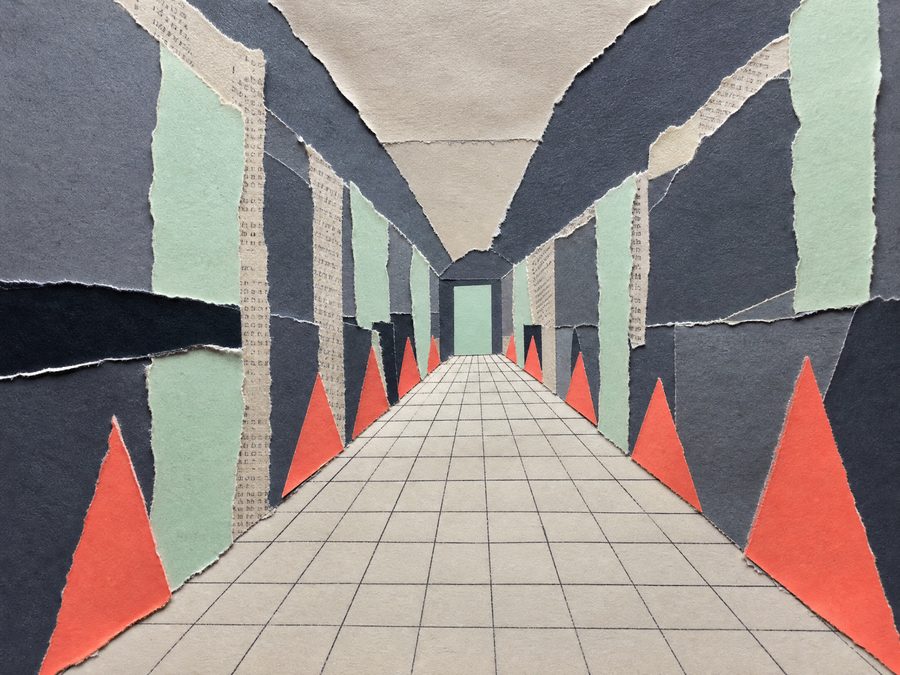 Paper collage corridor in sharp perspective with coral hazard triangles