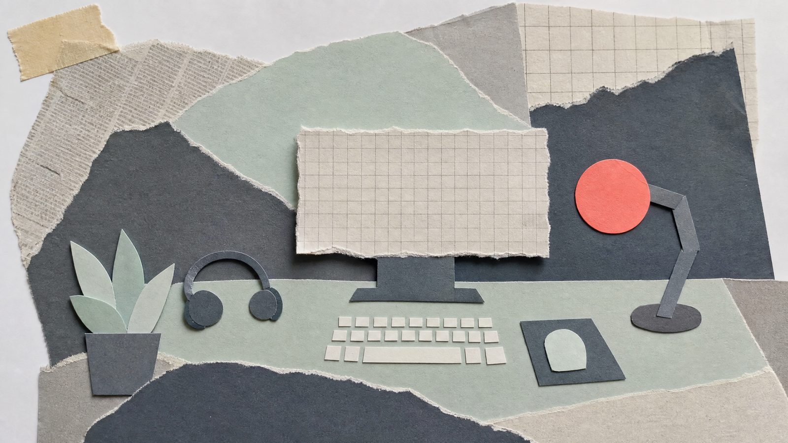 Paper collage of a games desk: a torn graph-paper monitor, cut-paper keyboard and a coral lamp